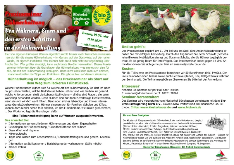 19. April 2026: PraxisSeminar "Einführung in die - ökologische - Hühnerhaltung"